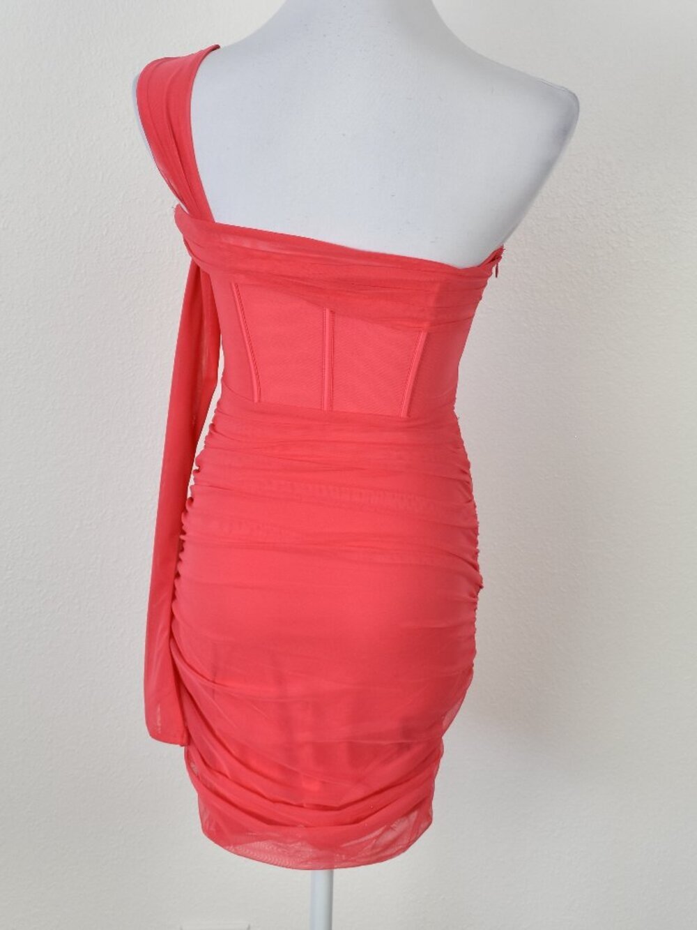 Oh Polly One For You Mesh Asymmetric Off Shoulder Mini Dress Pink - 2 - Picture 7 of 10